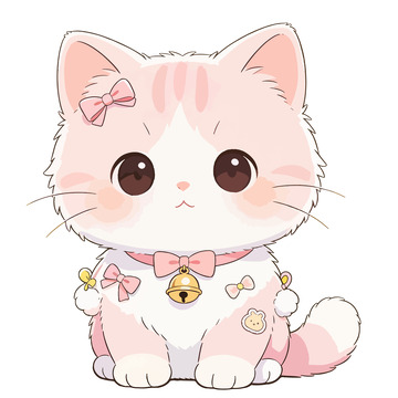 卡通可爱Q版粉色猫咪带蝴蝶结贴纸元素