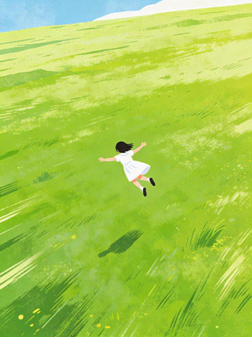 卡通绘本风格在草坪上飞翔的小女孩3
