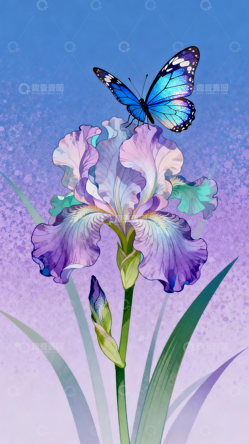 高清大图下载【趣麦麦图】极简主义插画蓝闪蝶和鸢尾花3