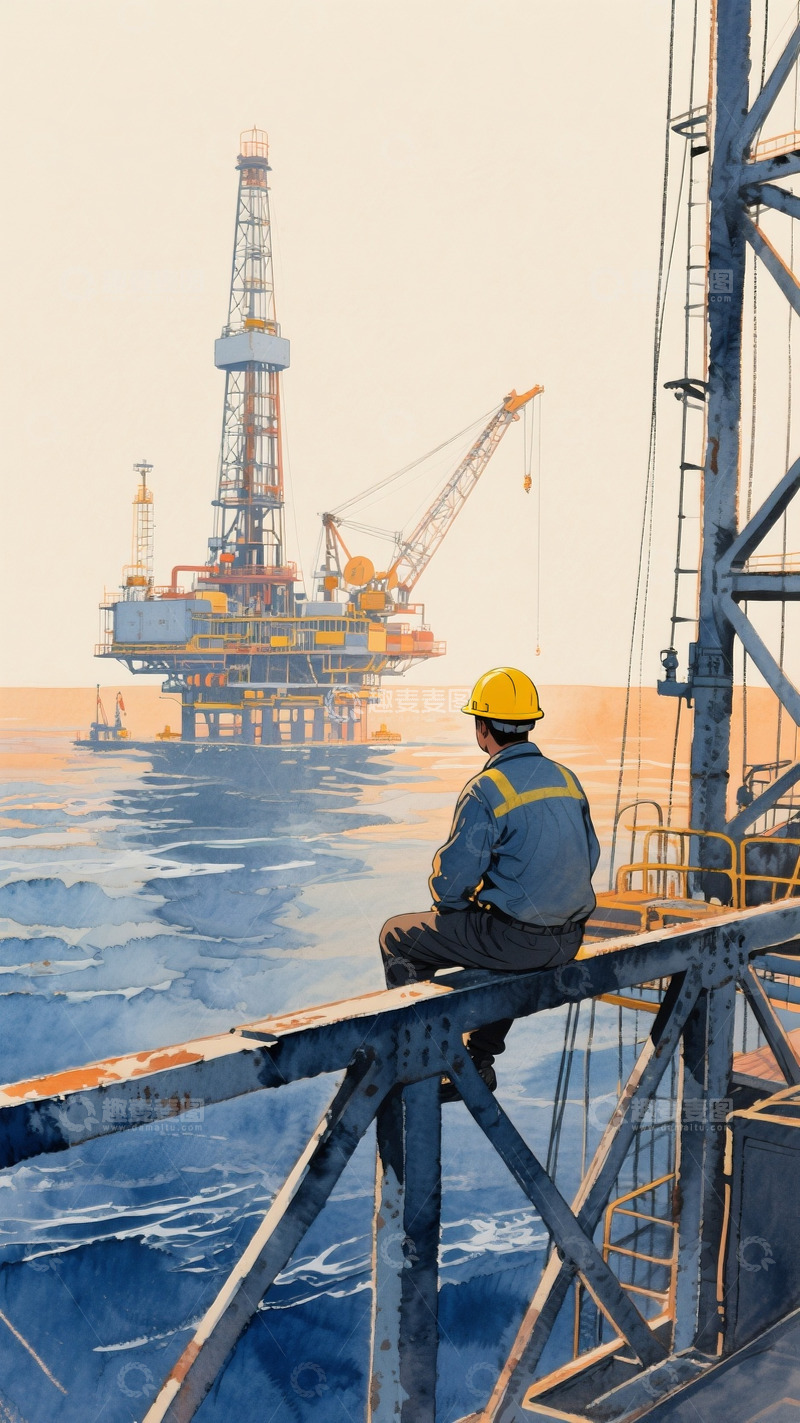 高清大图下载【趣麦麦图】水彩风格海上钻井工人背影2
