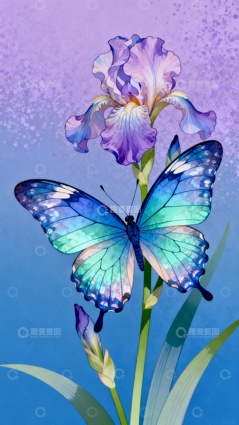 高清大图下载【趣麦麦图】极简主义插画蓝闪蝶和鸢尾花2