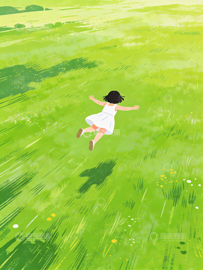 高清大图下载【趣麦麦图】卡通绘本风格在草坪上飞翔的小女孩4