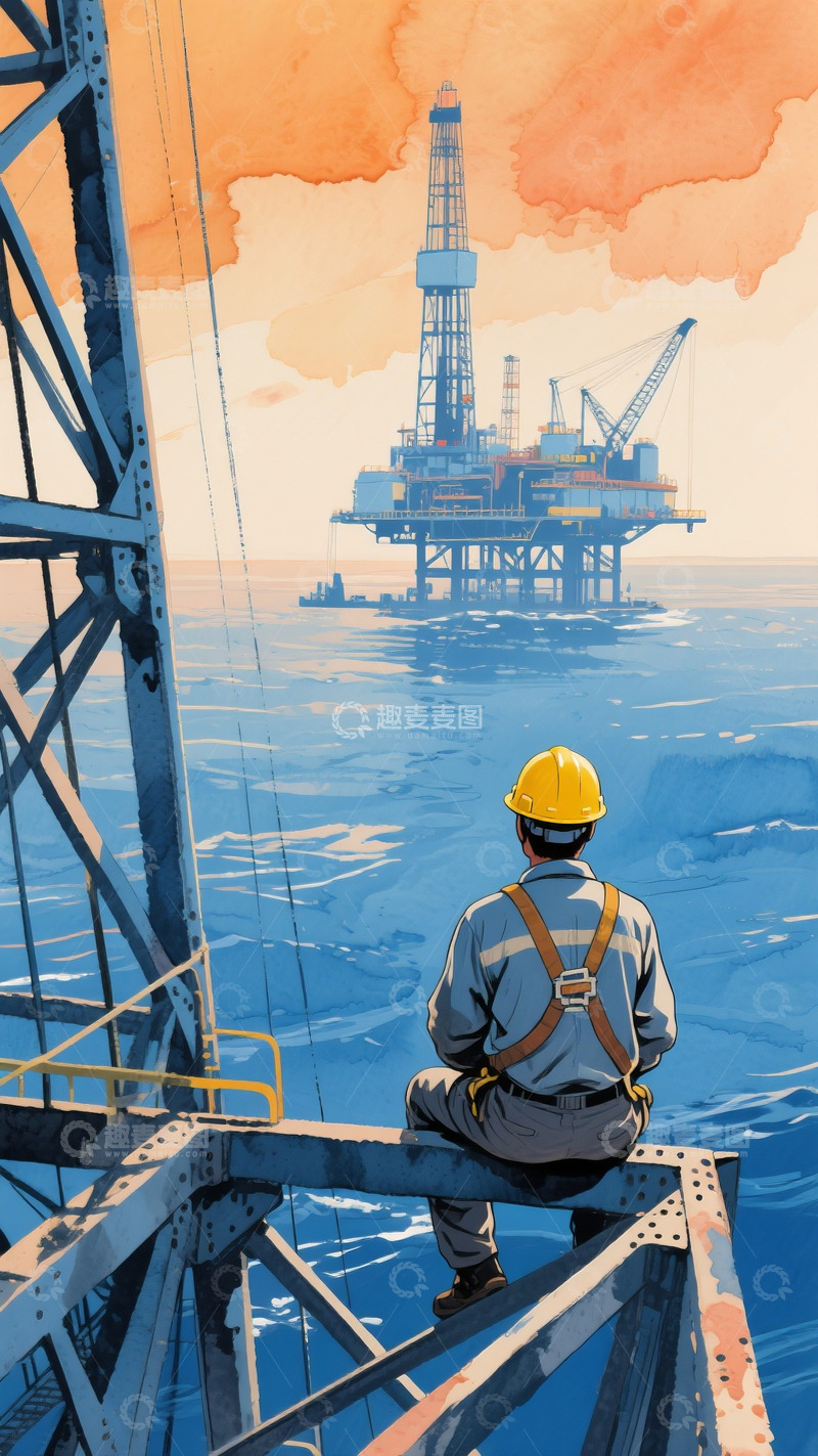 高清大图下载【趣麦麦图】水彩风格海上钻井工人背影1