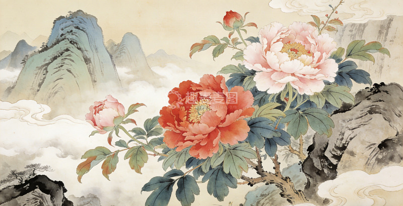 高清大图下载【趣麦麦图】国画牡丹山水意境