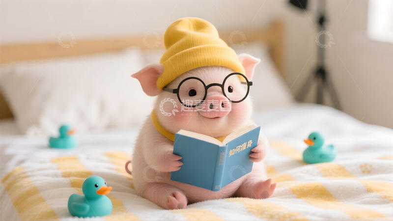 高清大图下载【趣麦麦图】可爱小猪读书萌宠插画素材