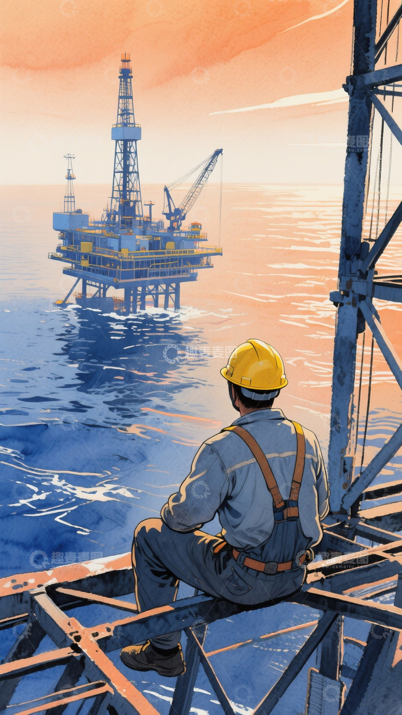 高清大图下载【趣麦麦图】水彩风格海上钻井工人背影3