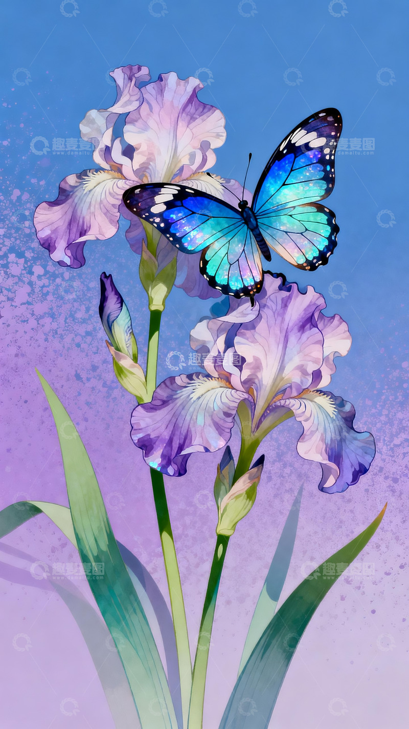 高清大图下载【趣麦麦图】极简主义插画蓝闪蝶和鸢尾花4