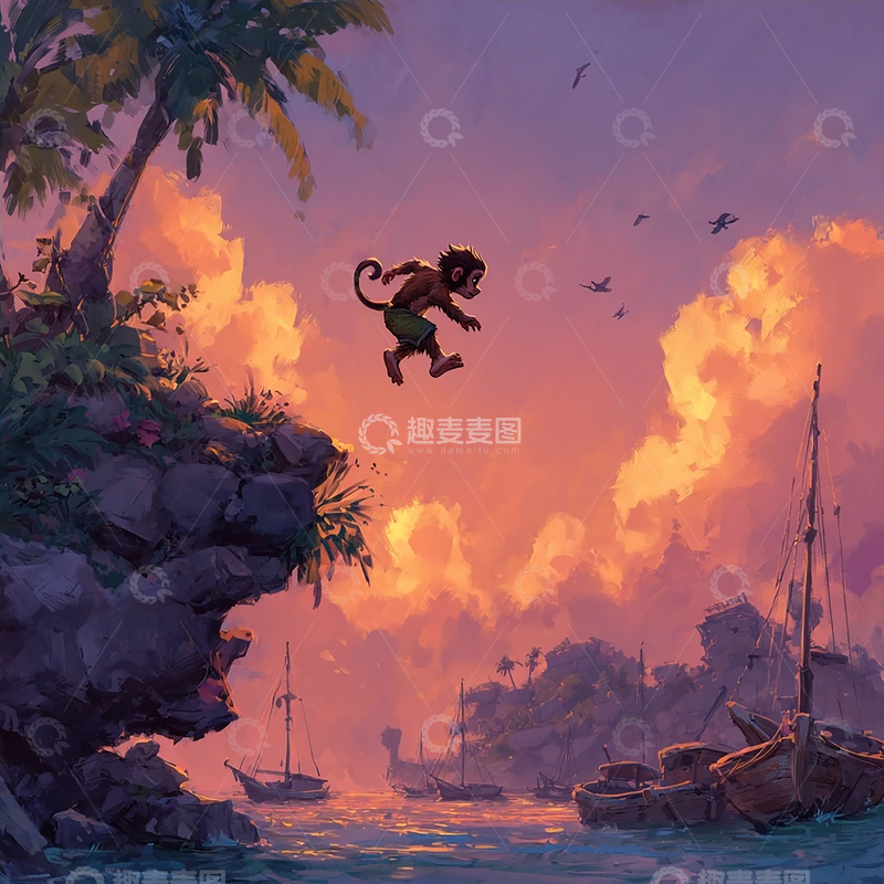 高清大图下载【趣麦麦图】飞跃夕阳海岸的猴子奇遇记