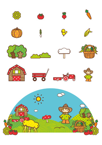 田园风光儿童插画贴纸素材