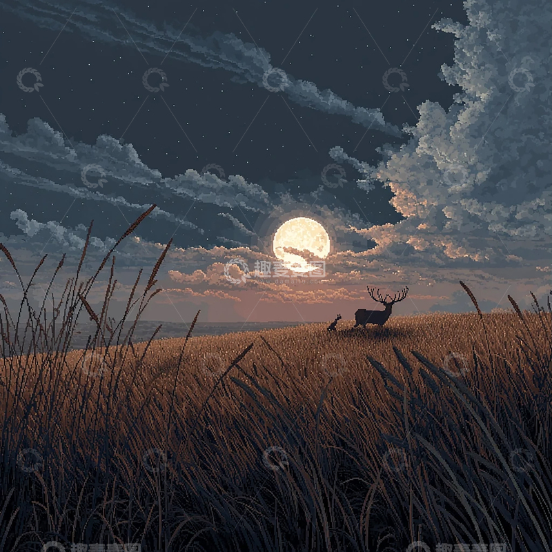 高清大图下载【趣麦麦图】月夜下的孤独巨鹿