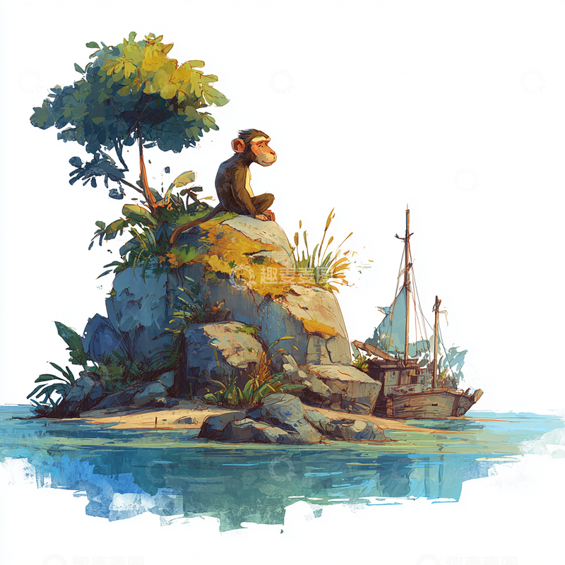 高清大图下载【趣麦麦图】静谧海岛上的猿猴沉思