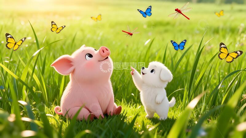 高清大图下载【趣麦麦图】草地小猪白狗蝴蝶卡通插画童趣