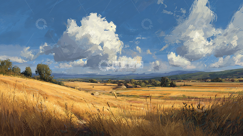 高清大图下载【趣麦麦图】蓝天白云下的金色田野