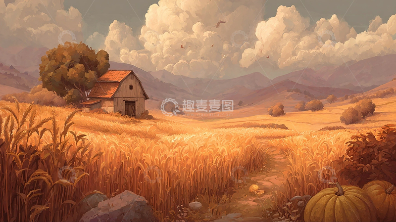 高清大图下载【趣麦麦图】金秋麦田与古老小屋