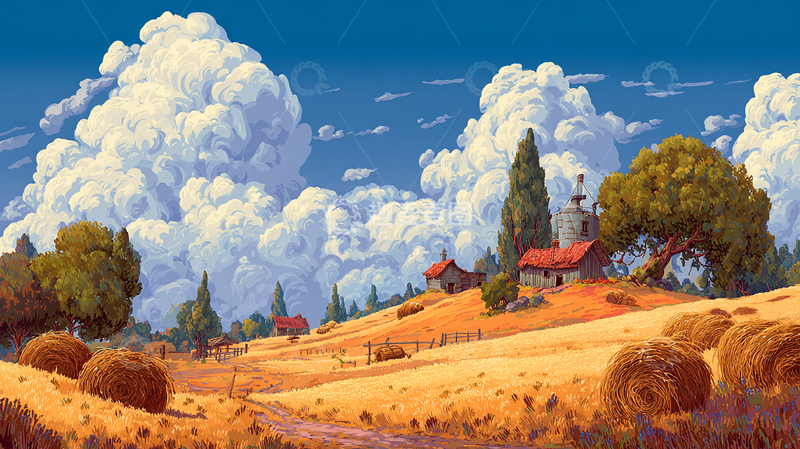 高清大图下载【趣麦麦图】麦田夕阳下的童话世界