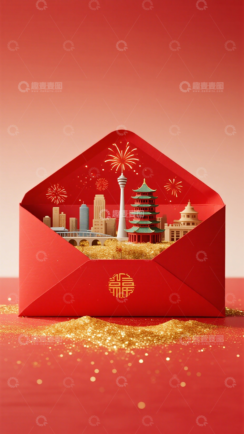 高清大图下载【趣麦麦图】新年贺卡城市景观剪纸艺术