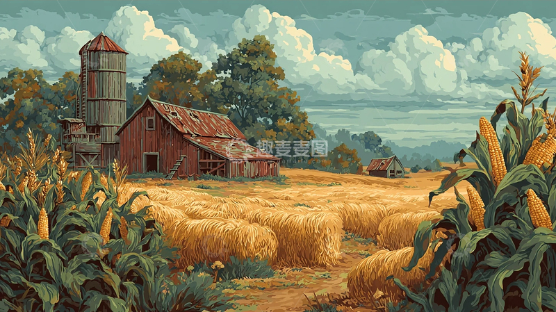 高清大图下载【趣麦麦图】金色麦田与旧农庄