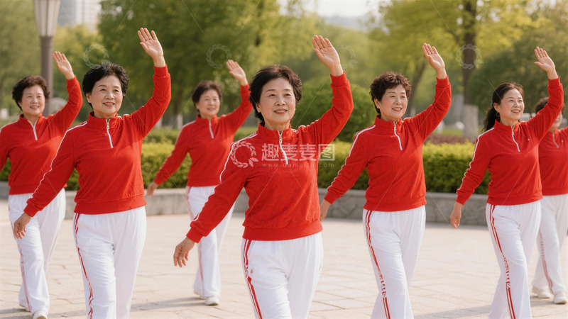 高清大图下载【趣麦麦图】红衣集体舞公园健身照
