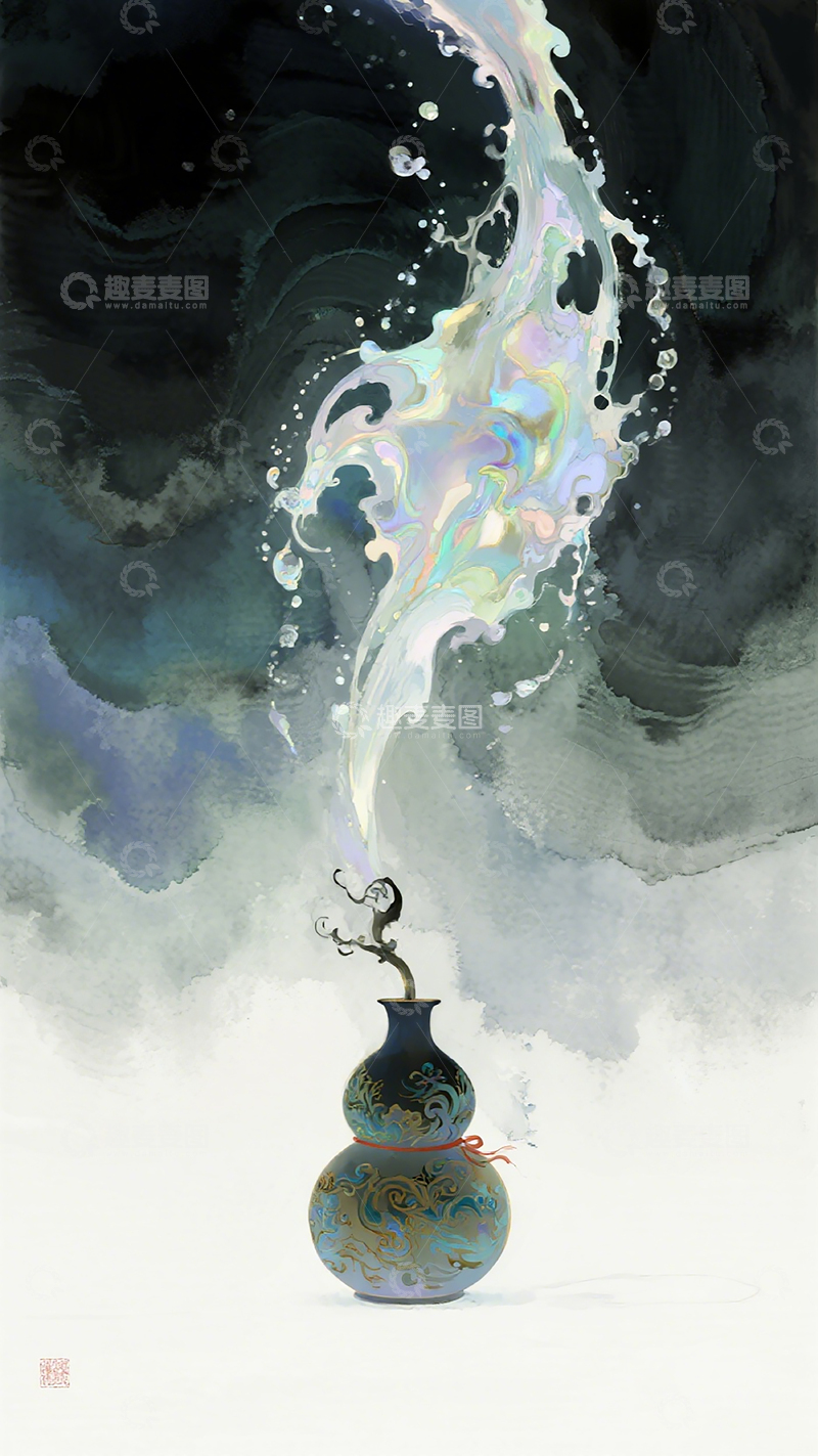 高清大图下载【趣麦麦图】水墨风瓷瓶雾气艺术插画