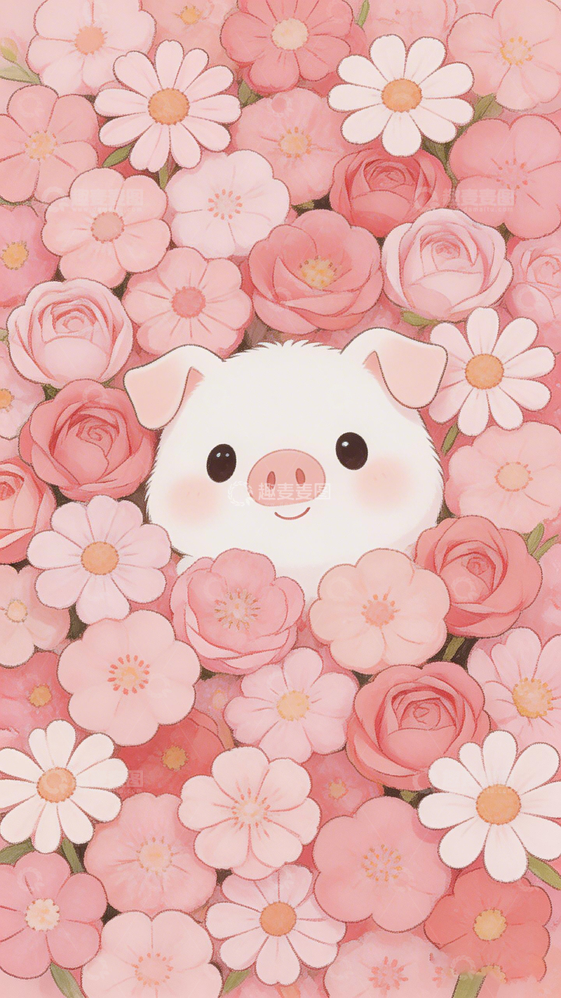 高清大图下载【趣麦麦图】卡通小猪花卉背景插画