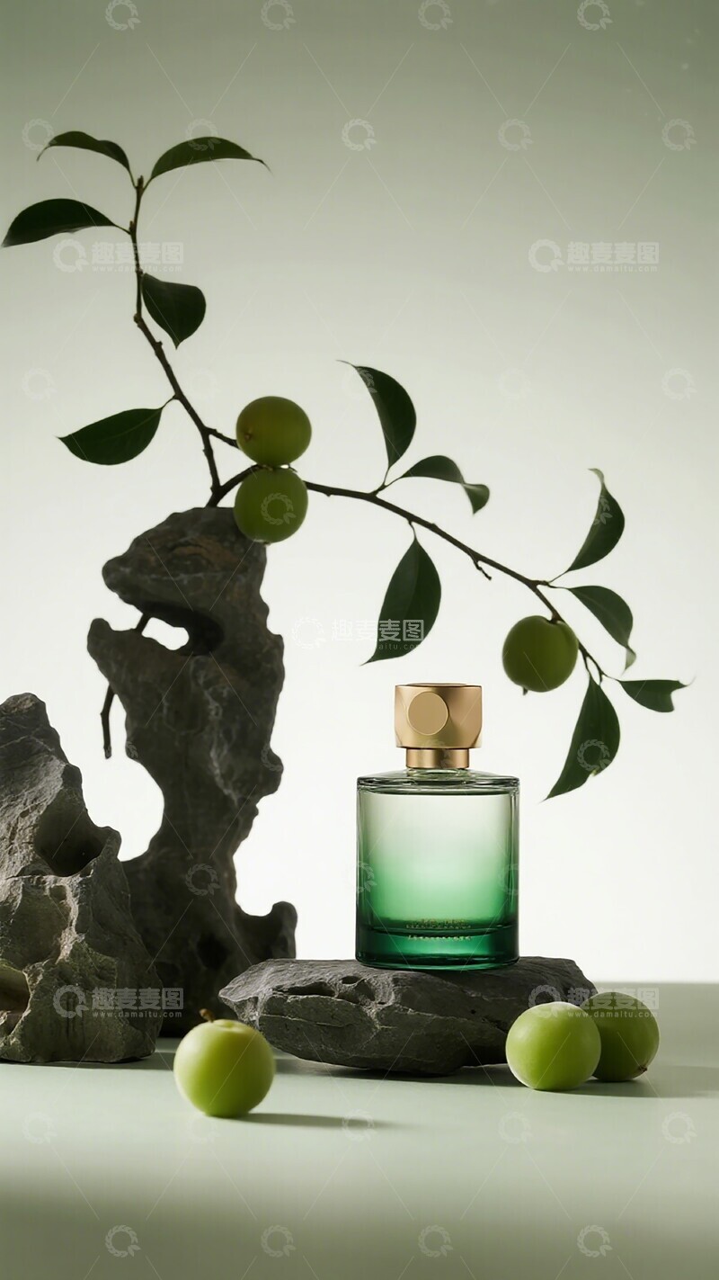 高清大图下载【趣麦麦图】绿色玻璃瓶与橄榄装饰摄影