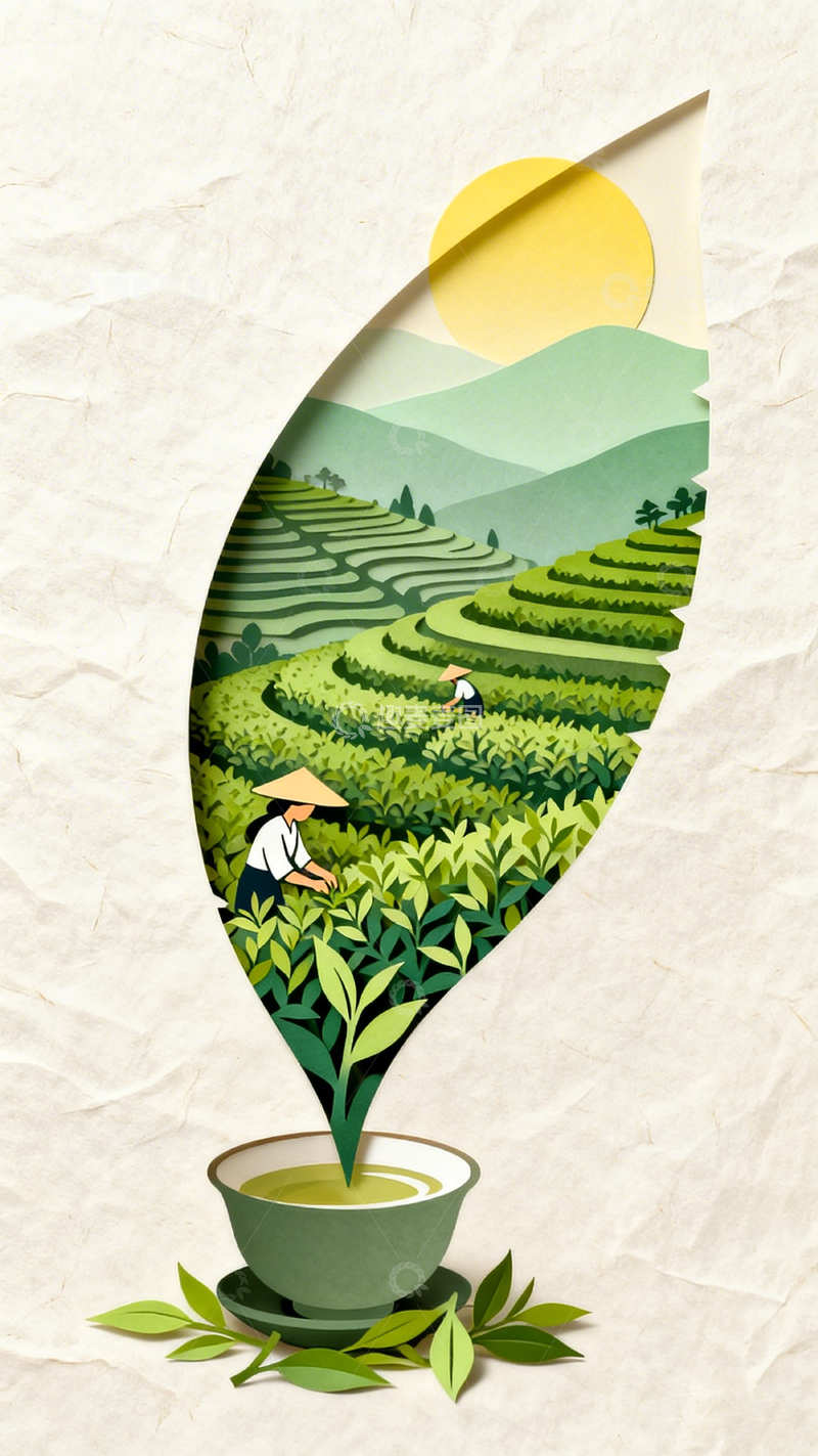 高清大图下载【趣麦麦图】茶园风景剪纸艺术插画