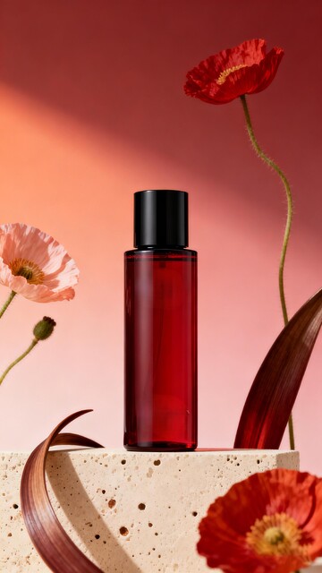 红色香水瓶与虞美人花艺术照