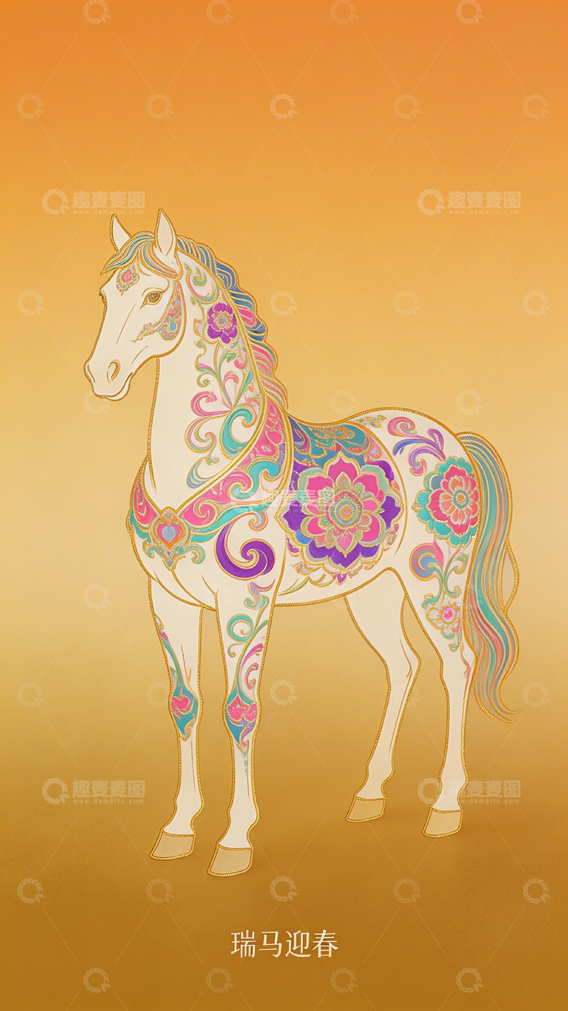 高清大图下载【趣麦麦图】瑞马迎春艺术插画