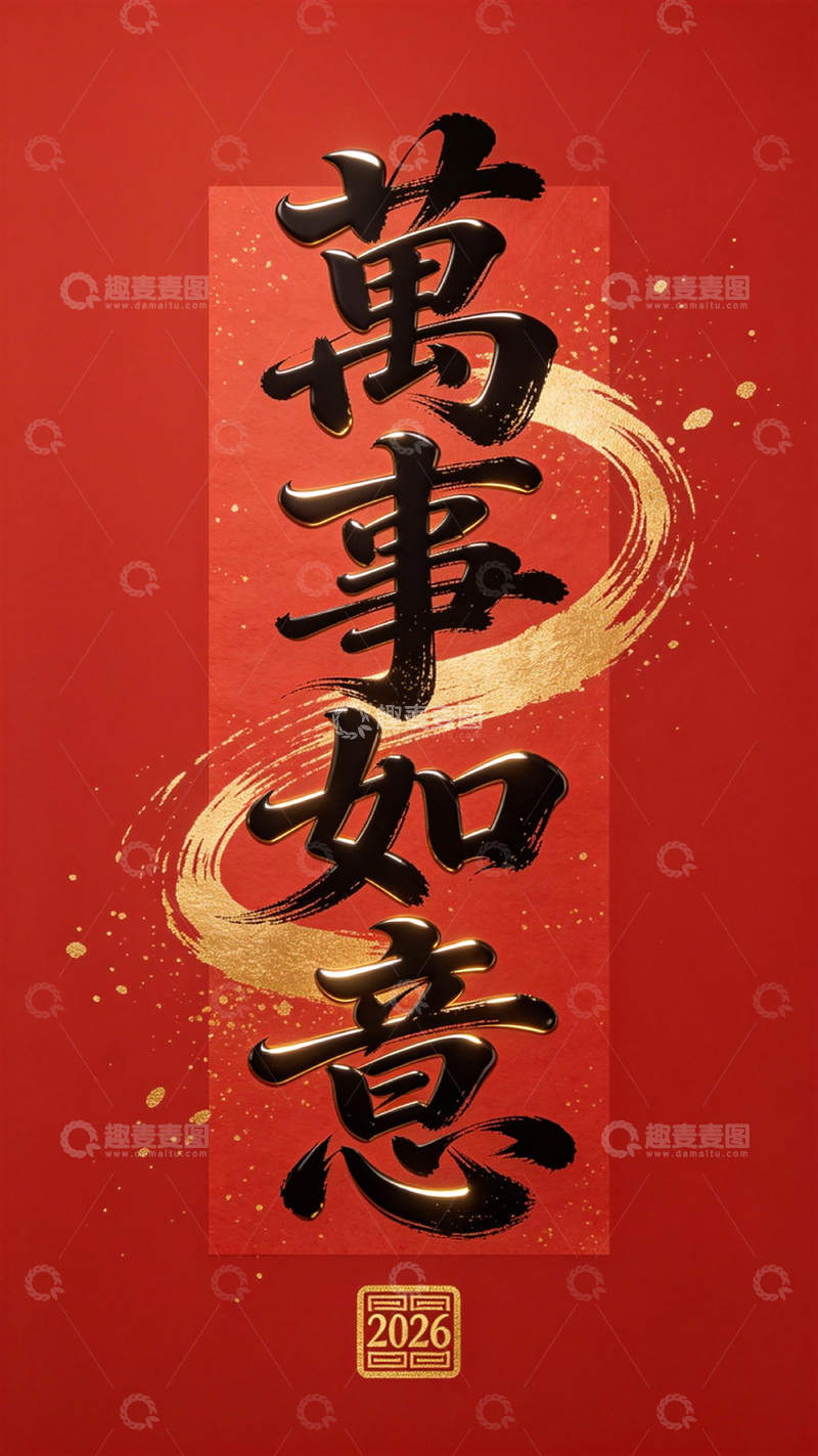 高清大图下载【趣麦麦图】书法风格万事如意祝福海报