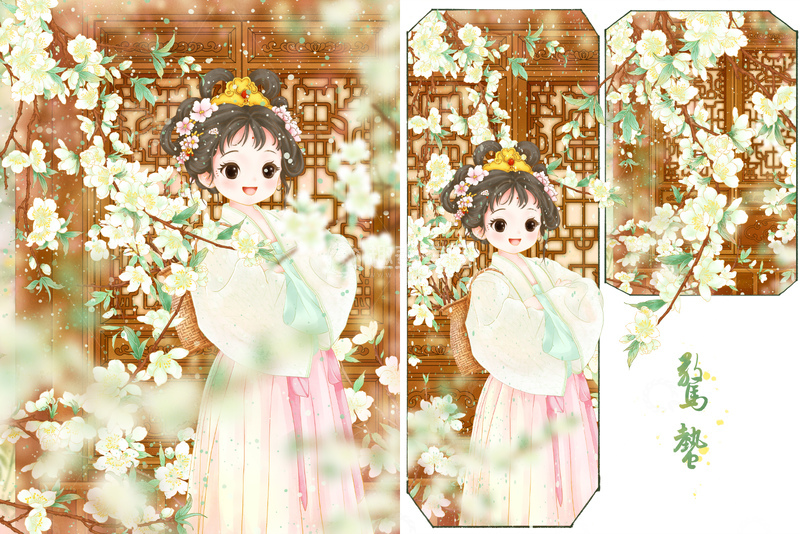 源文件下载【趣麦麦图】-古风少女梨花惊蛰24节气春天分镜插画设计