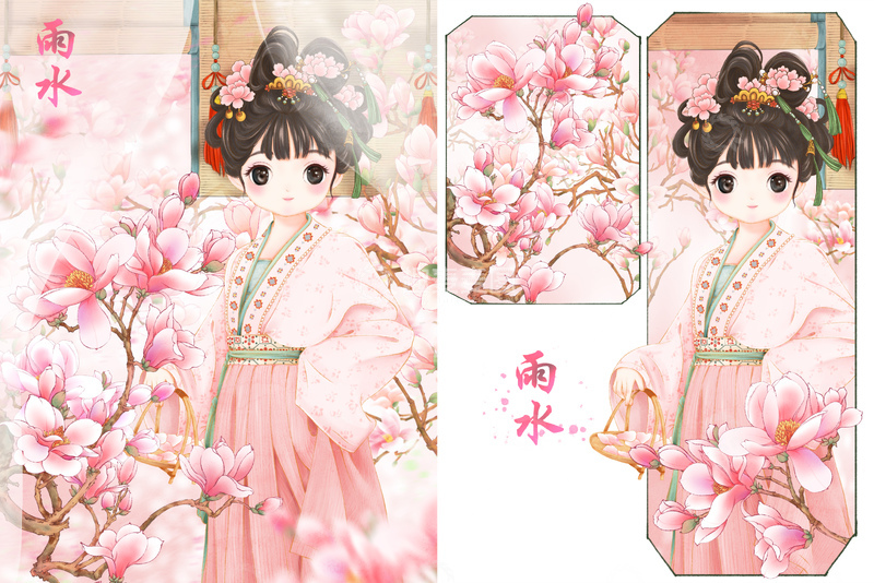 源文件下载【趣麦麦图】-古风汉服24节气雨水少女玉兰花分镜插画