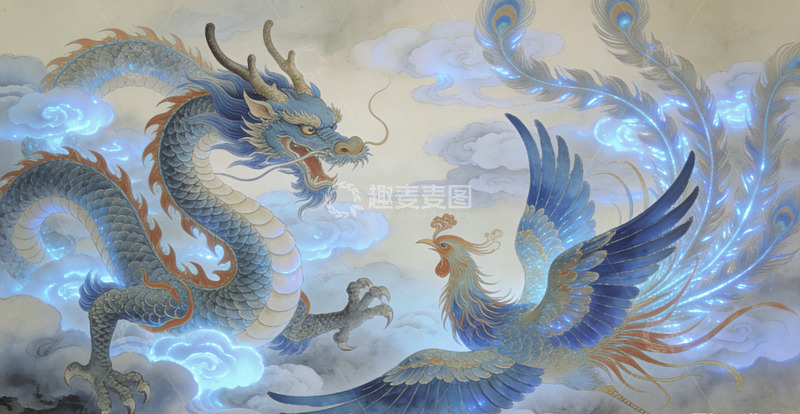 高清大图下载【趣麦麦图】神话风龙凤飞舞插画