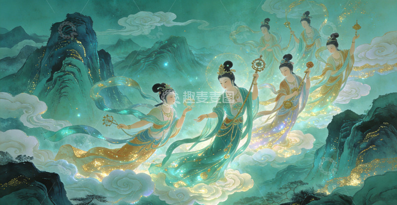 高清大图下载【趣麦麦图】古风仙女云端漫步插画