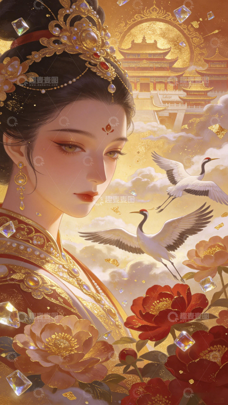 高清大图下载【趣麦麦图】古风华丽女子宫殿仙鹤花卉图