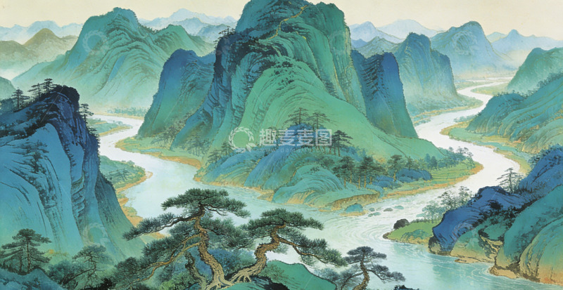 高清大图下载【趣麦麦图】青绿山水国画风景画