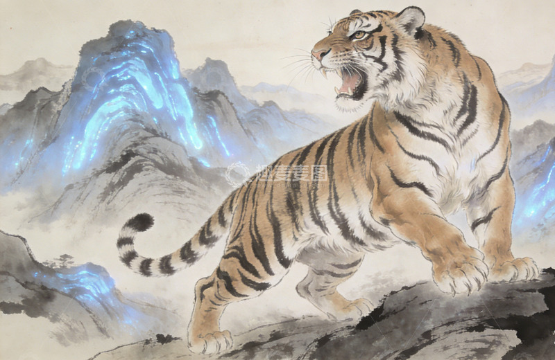 高清大图下载【趣麦麦图】国画虎啸山林水墨画