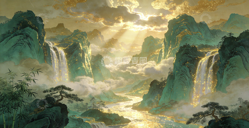高清大图下载【趣麦麦图】金碧山水画风光艺术画作
