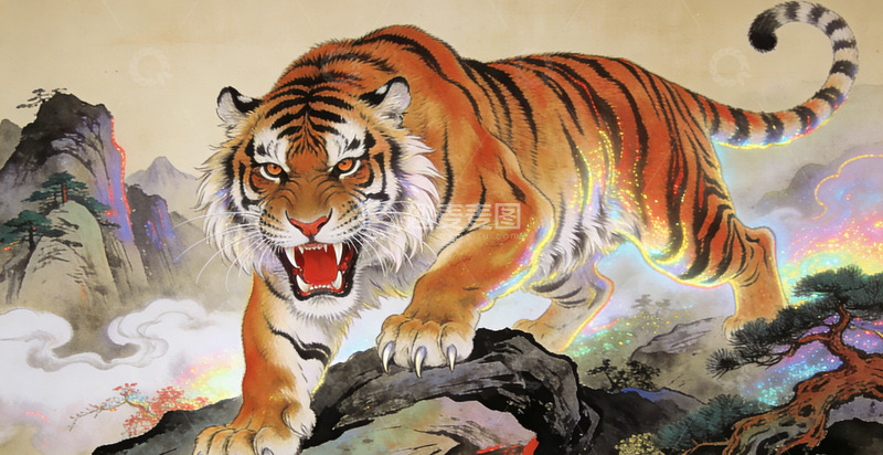 高清大图下载【趣麦麦图】国画猛虎山林风景艺术插画