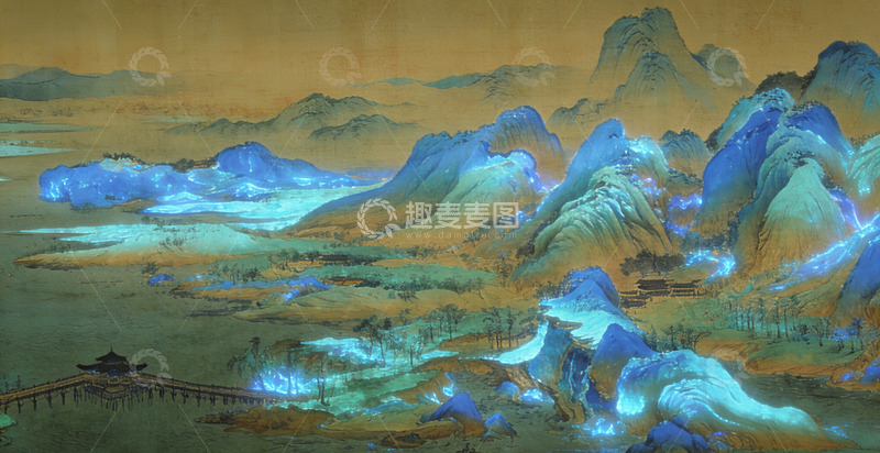 高清大图下载【趣麦麦图】青绿山水国画山水画水墨画