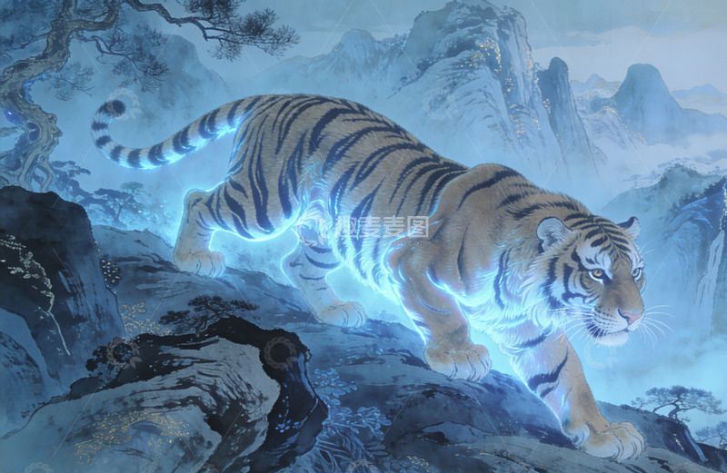 高清大图下载【趣麦麦图】神秘老虎山水画幻想艺术