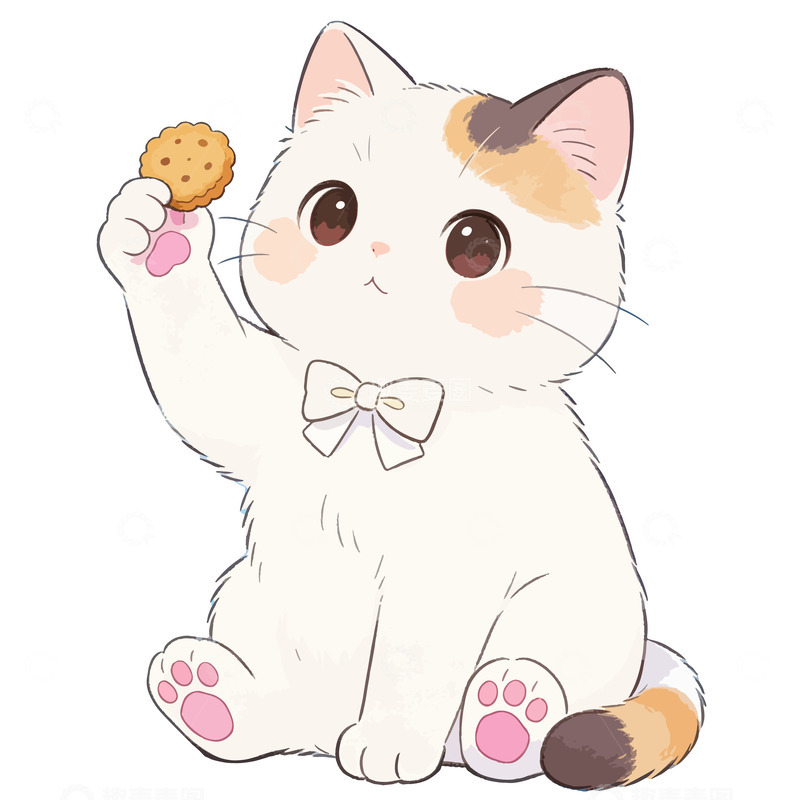 高清大图下载【趣麦麦图】卡通可爱Q版白猫三花拿饼干元素