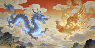 东方神话龙凤绘画壁画
