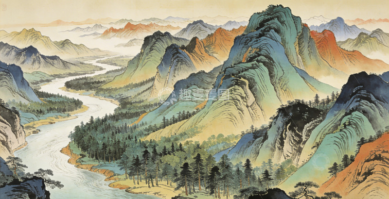高清大图下载【趣麦麦图】山水画卷中国传统绘画风格山峦起伏河流蜿蜒