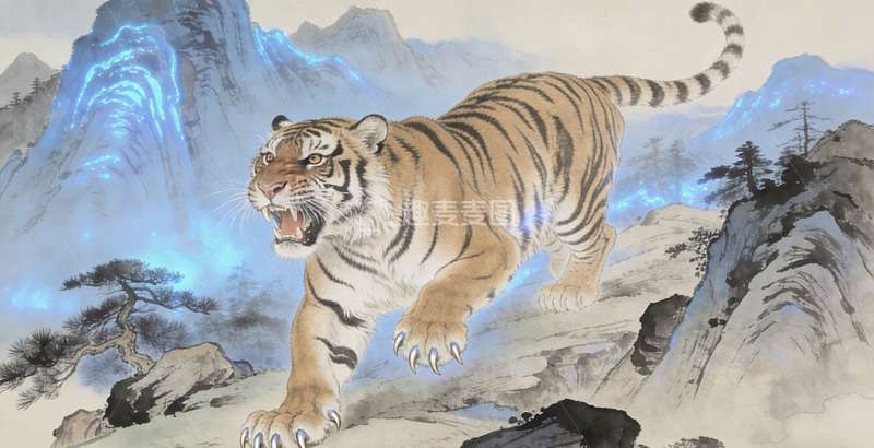 高清大图下载【趣麦麦图】国画猛虎山水意境艺术画作