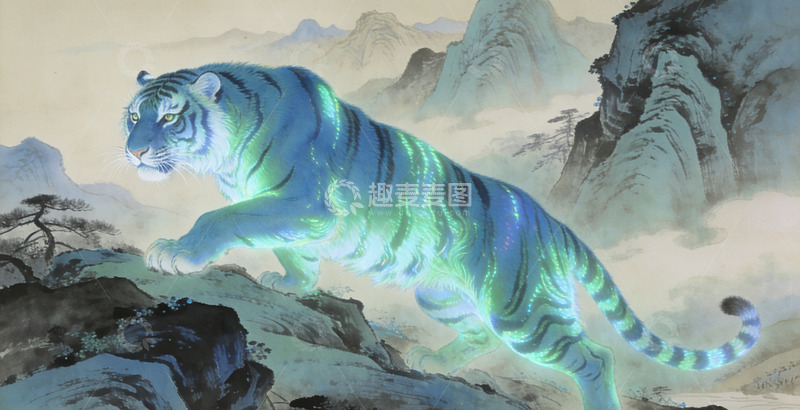 高清大图下载【趣麦麦图】奇幻山水白虎图