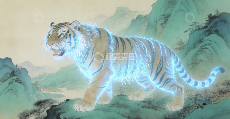高清大图下载【趣麦麦图】山水老虎插画古风艺术