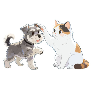 卡通雪纳瑞小狗和白猫三花玩耍