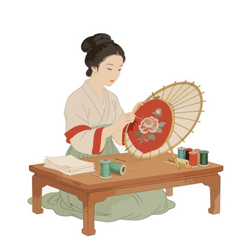 古风女子刺绣团扇插画