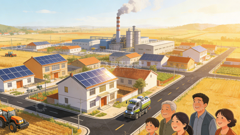 高清大图下载【趣麦麦图】乡村风光太阳能板工厂和谐家庭