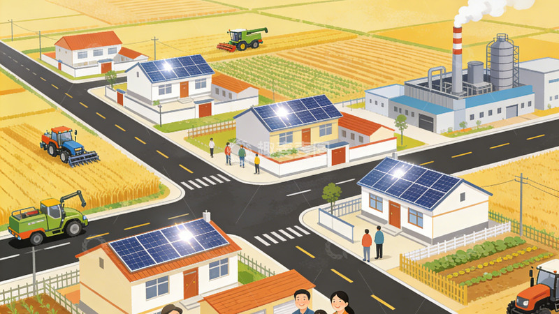 高清大图下载【趣麦麦图】田园风光太阳能农村插画